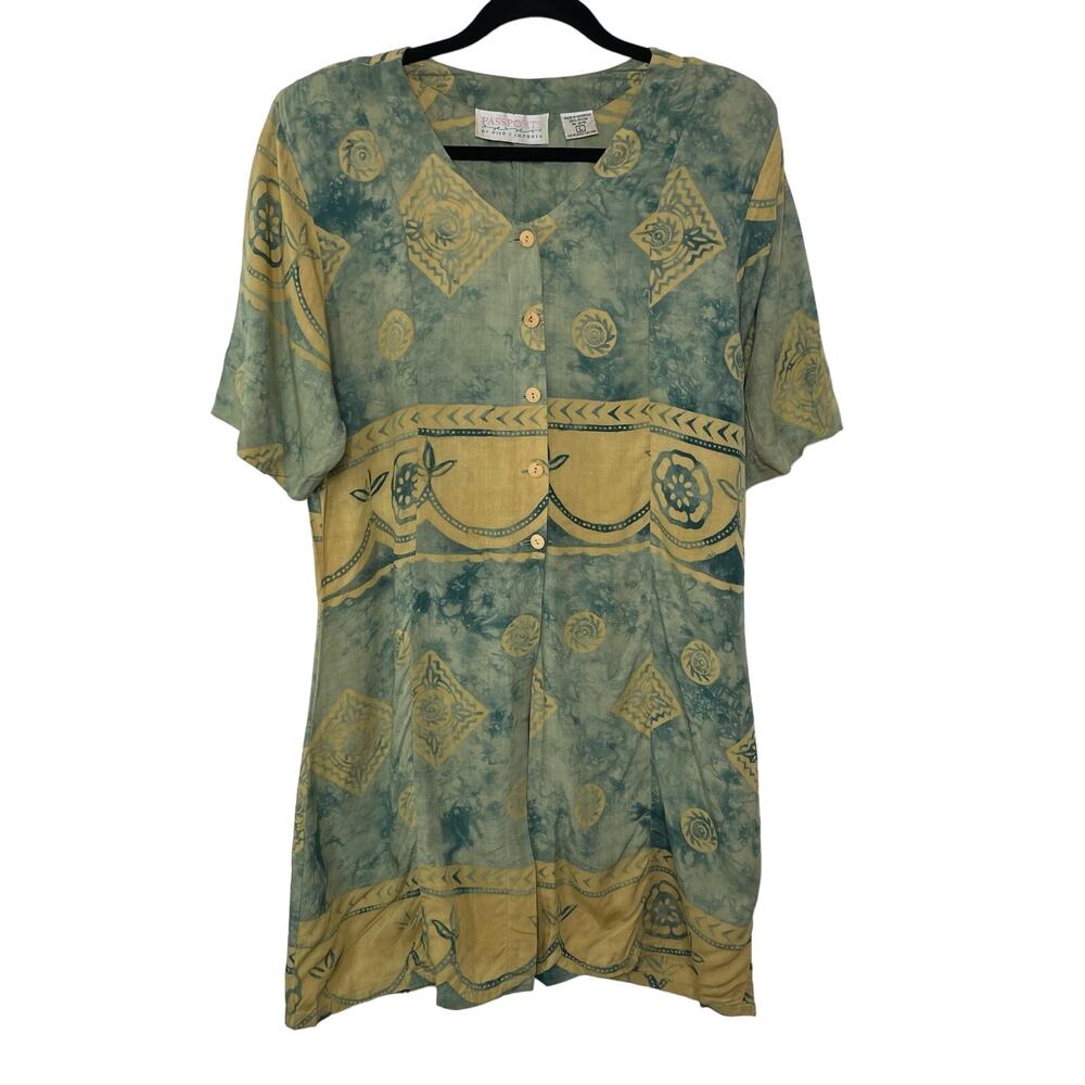 Vtg Passports‎ Pier One Dress Tunic Button Up Aztec Half Sleeve L 90s Boho Rare